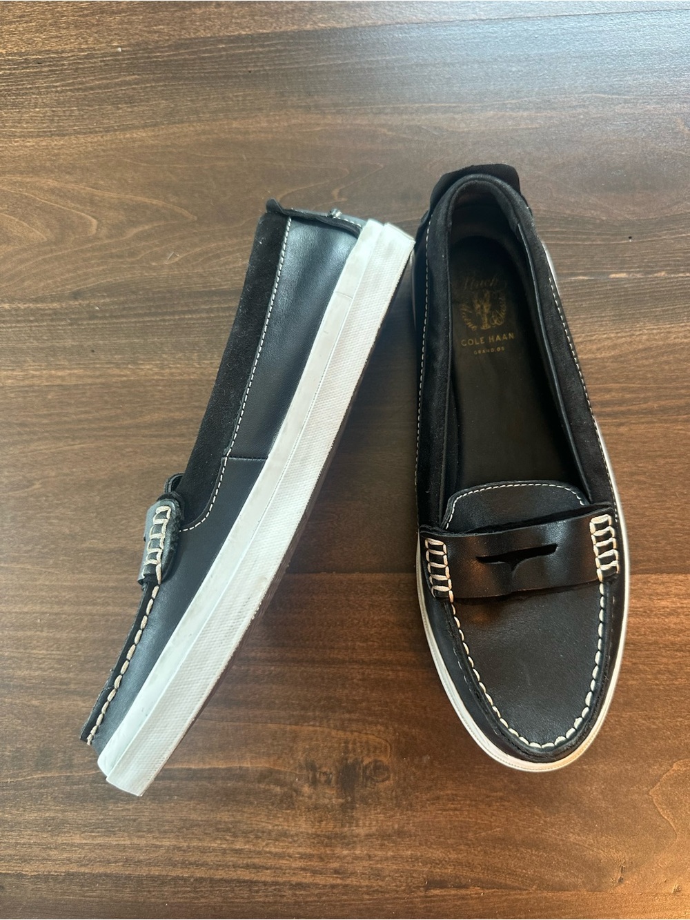 Cole Haan Black Leather Slip-On Loafers with White Sole